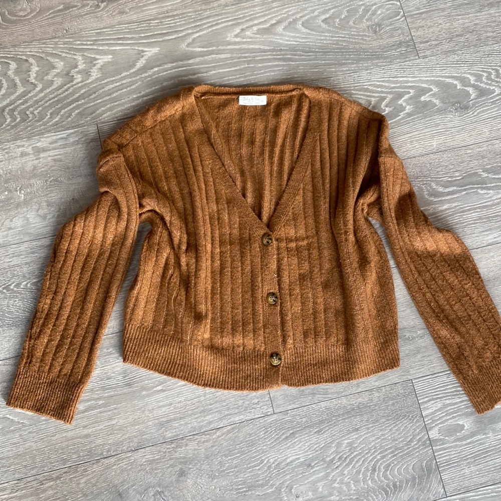 Preppy Brown Ribbed Women's Cardigan